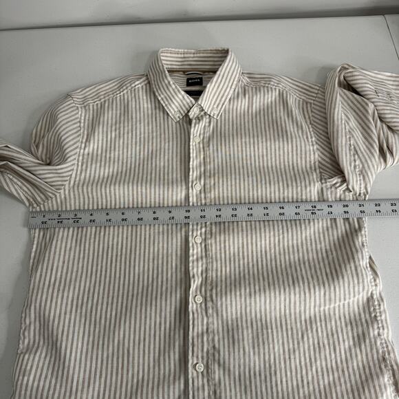 BOSS Shirt Mens Large White Striped Slim Fit Linen Blend Button Up Prep Nautical - Picture 11 of 16